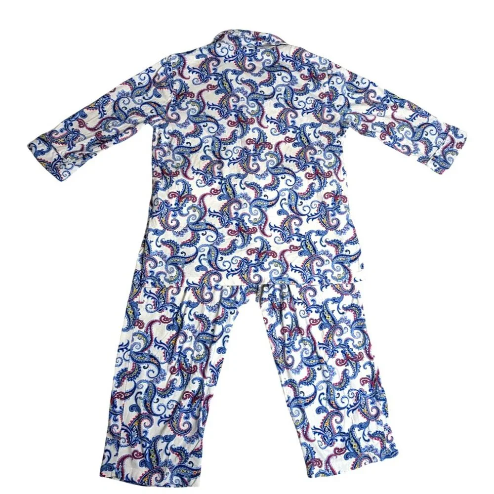 Lauren Ralph Lauren Womens Paisley Pajama Set M Blue & White Cotton Lounge Wear - Picture 2 of 10